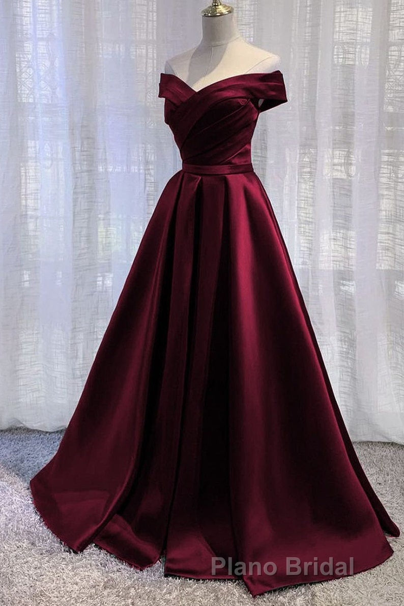 Purple Satin Off Shoulder Long Formal Prom Dresses,A-line Simple Women Prom Dresses