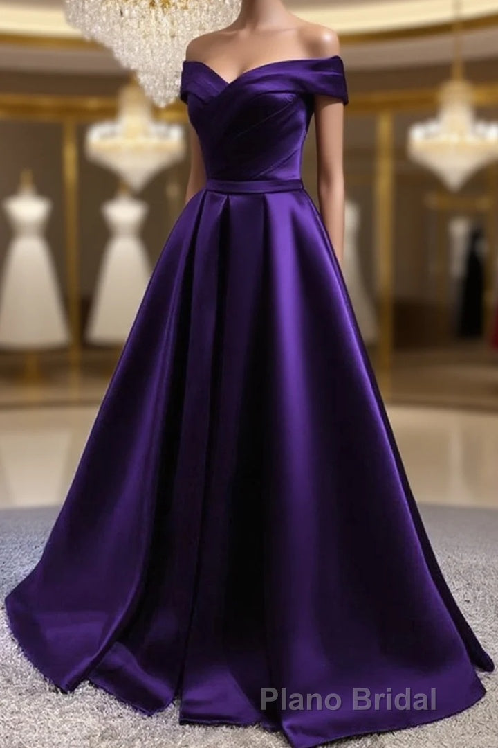 Purple Satin Off Shoulder Long Formal Prom Dresses,A-line Simple Women Prom Dresses Main image