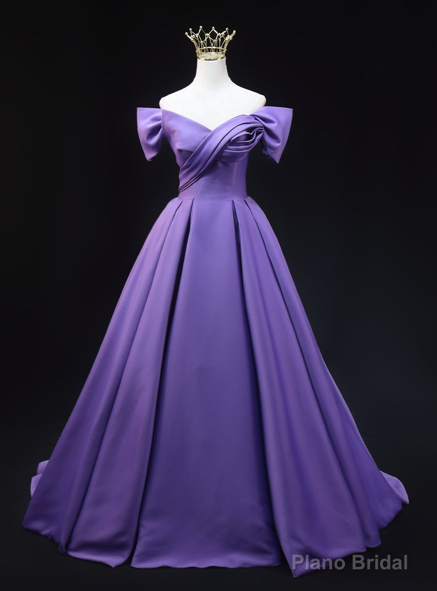Purple Satin Off the Shoulder Pleats Prom Dress Main image