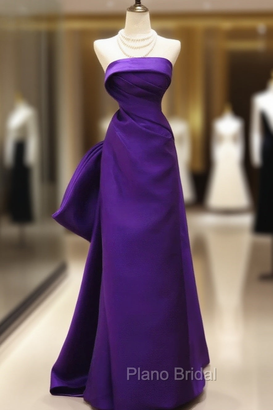 Purple Satin Scoop A-Line Floor Length Party Dresses, Purple Satin Long Formal Prom Dresses With Bow Main image