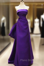 Purple Satin Scoop A-Line Floor Length Party Dresses, Purple Satin Long Formal Prom Dresses With Bow