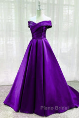 Purple Satin Sweetheart Long Party Dresses Formal Prom Dresses, Off Shoulder Purple Evening Dresses