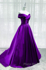 Purple Satin Sweetheart Long Party Dresses Formal Prom Dresses, Off Shoulder Purple Evening Dresses