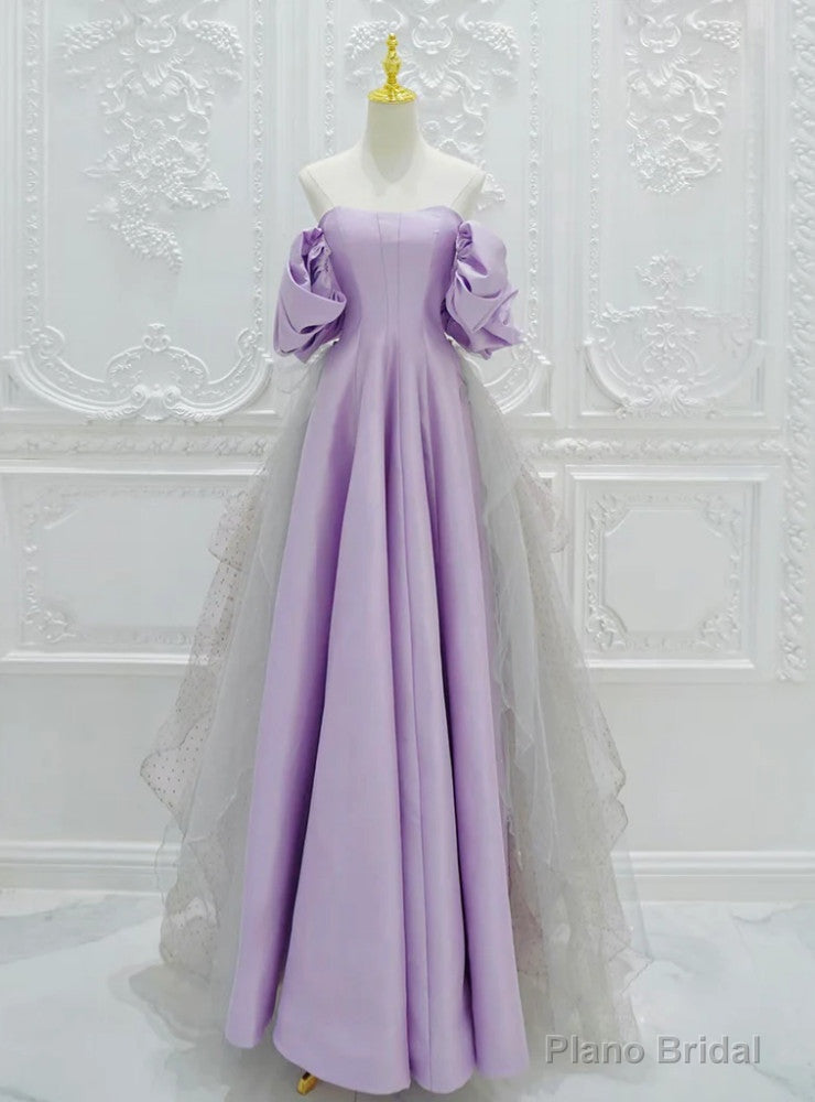 Purple Satin Tulle Off the Shoulder Prom Dress Main image