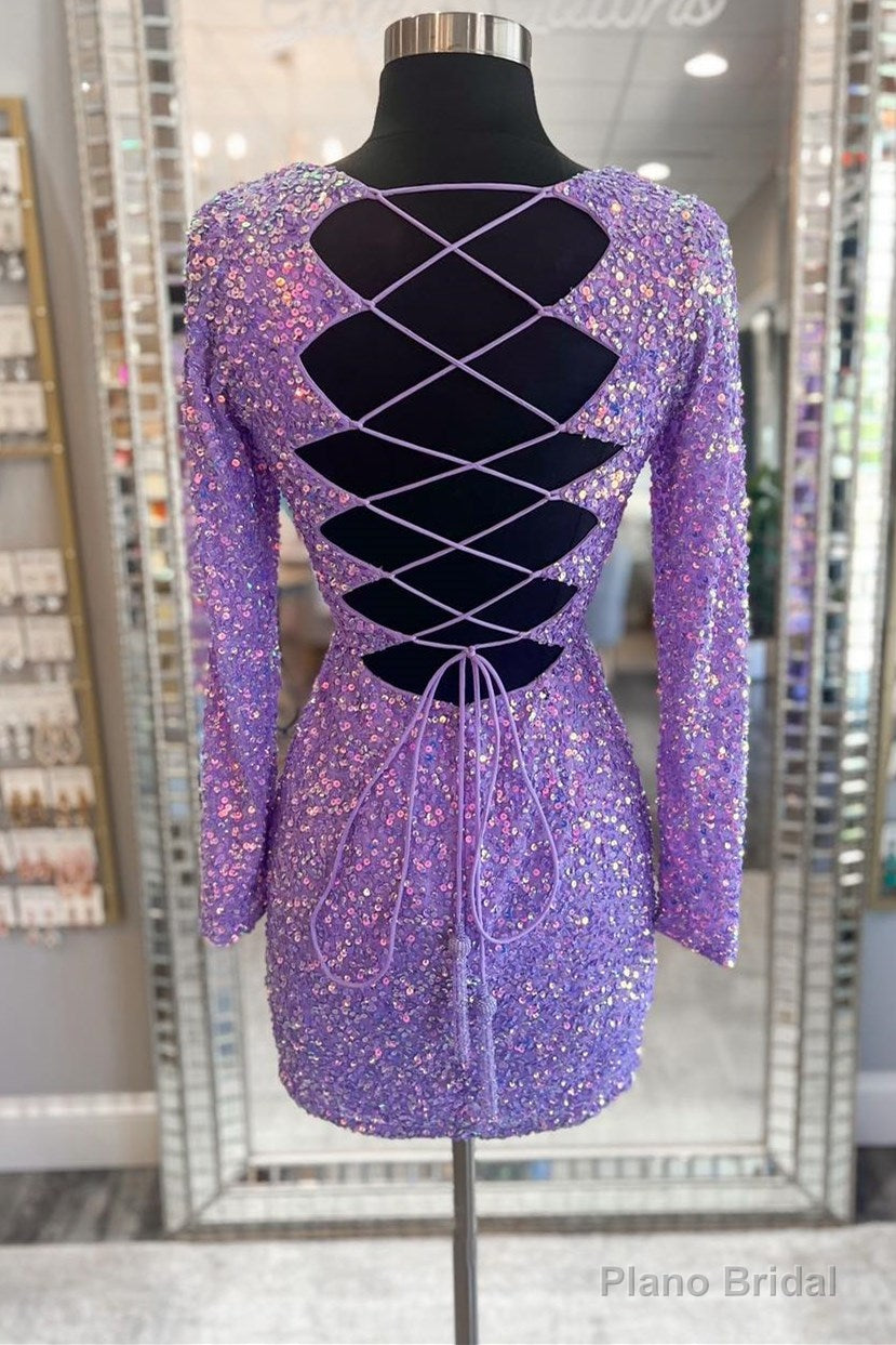 Purple Sequin Lace-Up Short Party Dress with Long Sleeves Secondary image