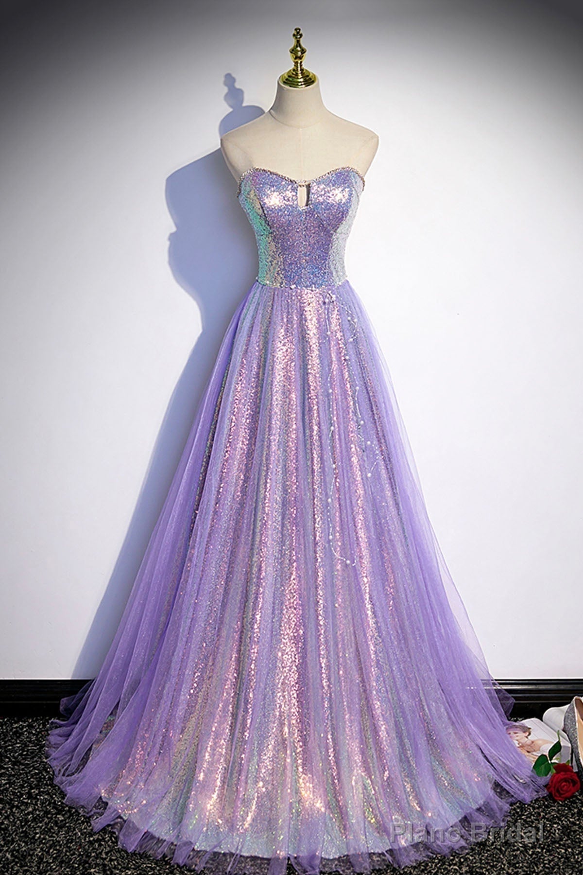 Purple Sequins Long A-Line Prom Dress, Purple Strapless Evening Graduation Dress Main image