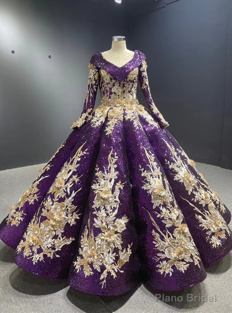 Purple Sequins Long Sleeve Appliques Prom Dress