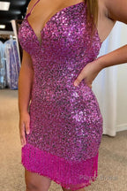 Purple Sequins Tight Homecoming Dress with Fringes