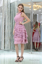 Purple Short Chiffon With Modest Beaded Neck Homecoming Dresses