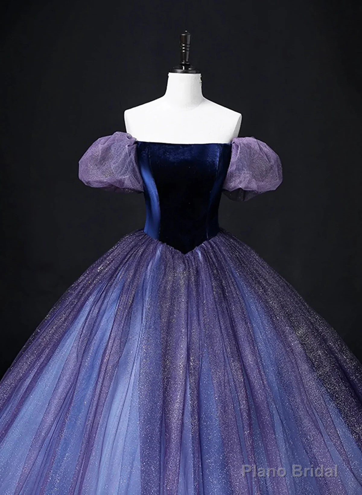 Purple Short Sleeves Tulle and Velvet Formal Dress, Purple Tulle Prom Dress Secondary image