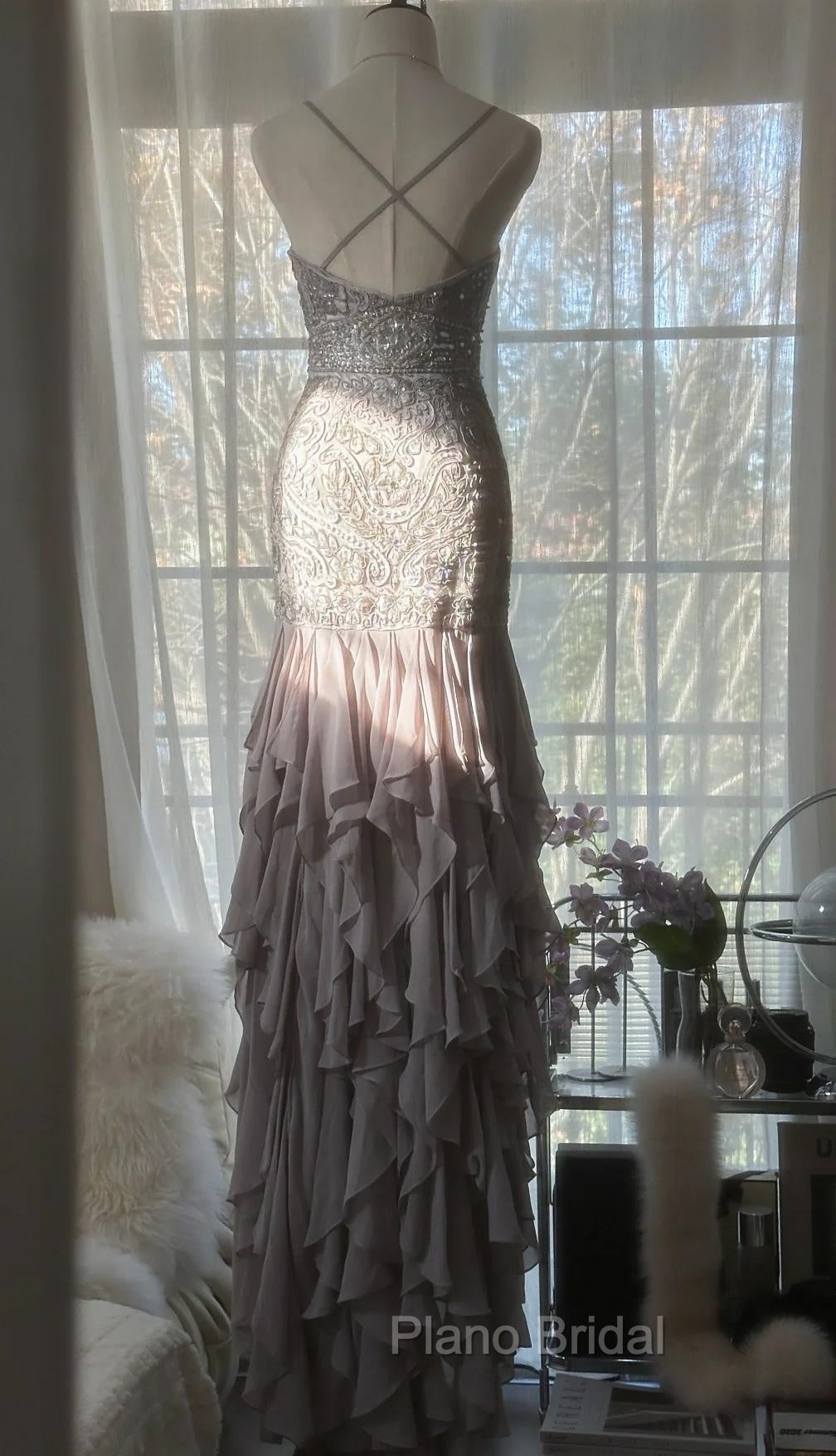 Purple Spaghetti Strap Bodycon Open Back Chiffon Sequin Long Formal Prom Dresses Adult Ceremony Dresses With Appliques