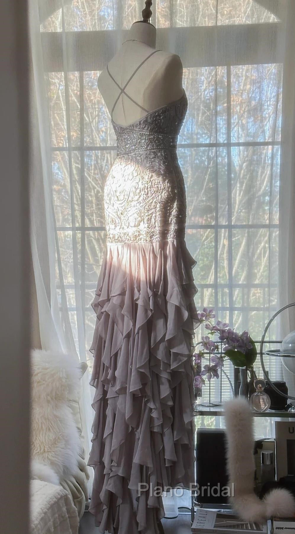 Purple Spaghetti Strap Bodycon Open Back Chiffon Sequin Long Formal Prom Dresses Adult Ceremony Dresses With Appliques