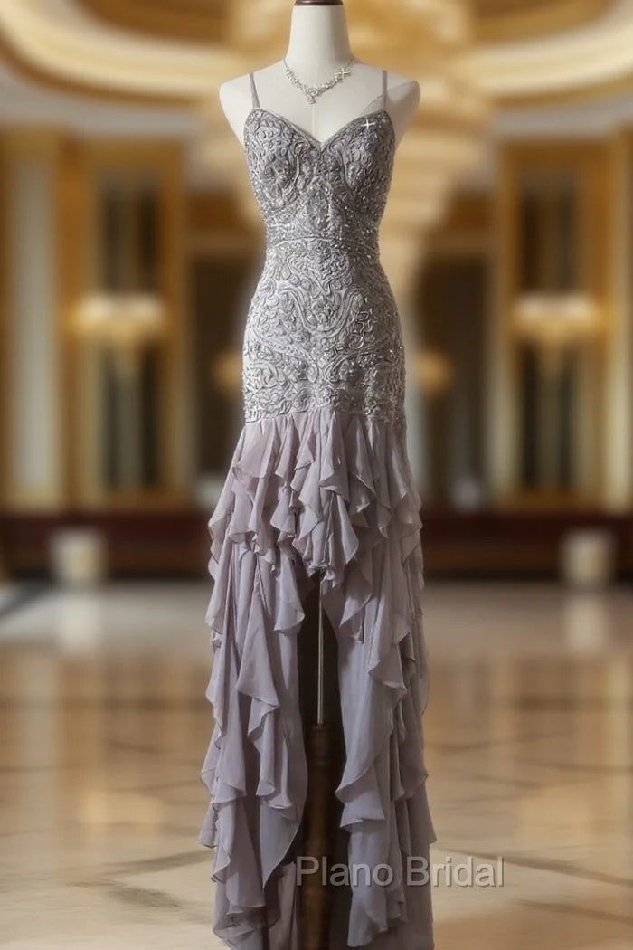 Purple Spaghetti Strap Bodycon Open Back Chiffon Sequin Long Formal Prom Dresses Adult Ceremony Dresses With Appliques Main image