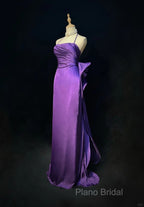 Purple Spaghetti Strap Satin Formal Prom Dresses Backless Formal Gown