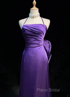 Purple Spaghetti Strap Satin Formal Prom Dresses Backless Formal Gown