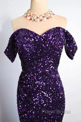 Purple Sparkly Long Formal Dresses Mermaid Off-Shoulder Slit