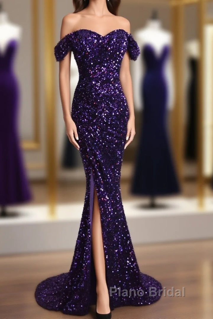 Purple Sparkly Long Formal Dresses Mermaid Off-Shoulder Slit Main image