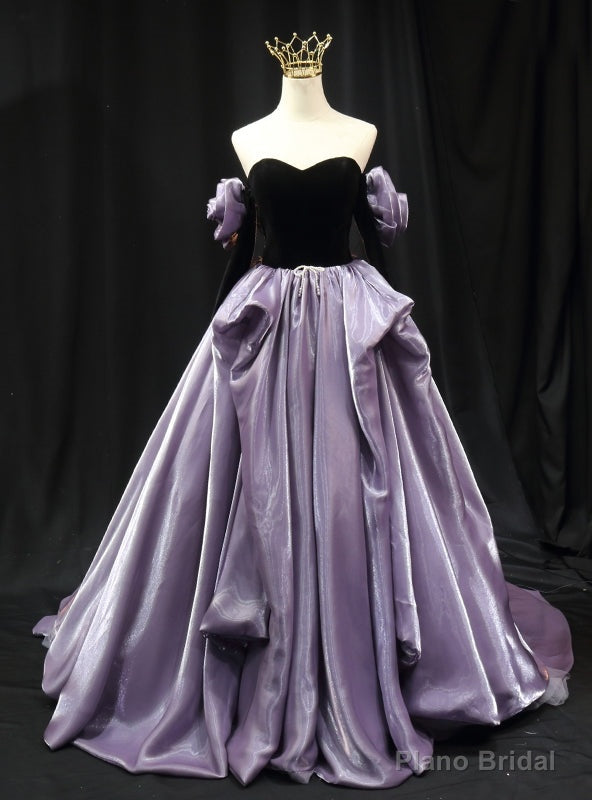 Purple Strapless Black Velvet Long Sleeve Prom Dress Main image