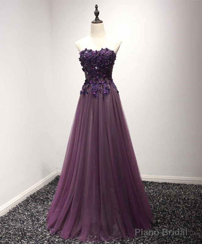 Purple Sweetheart Neck Lace Long Prom Dress, Formal Dress Main image