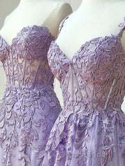 Purple sweetheart neck lace long Formal Prom dress, lace formal graduation dress