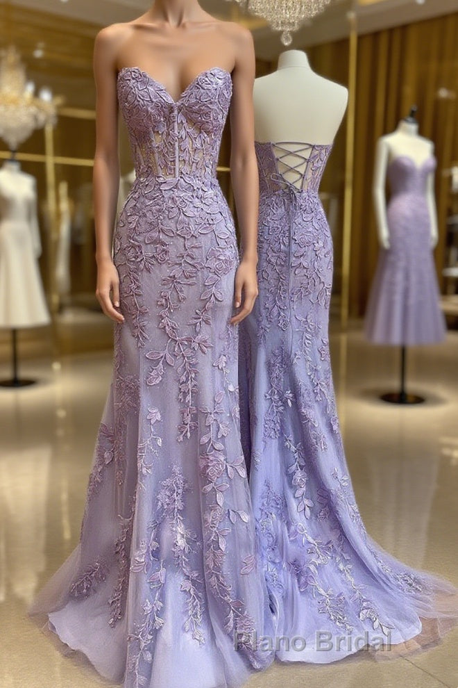 Purple sweetheart neck tulle lace mermaid long Formal Prom dress
