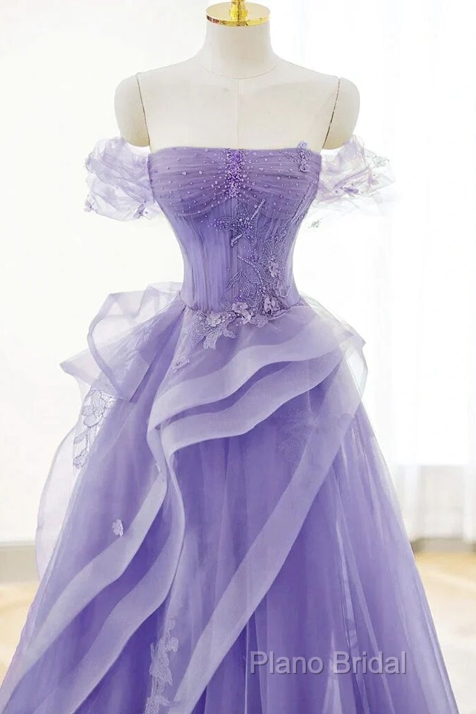 Purple Sweetheart Off Shoulder Tulle Long Party Dresses, Purple Tulle Formal Prom Dresses Secondary image