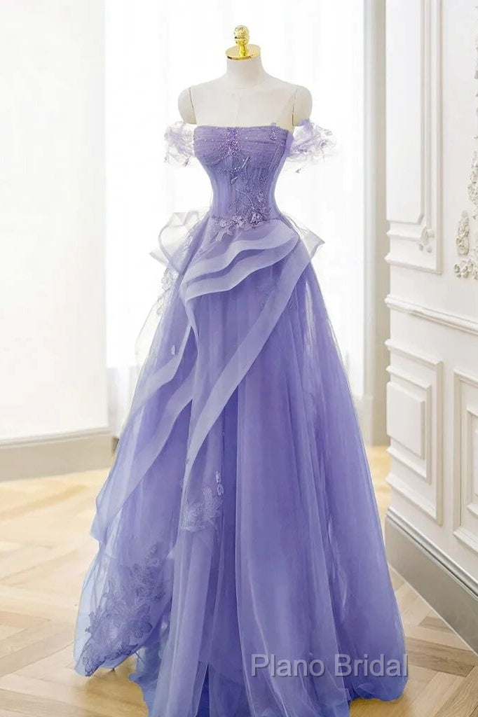 Purple Sweetheart Off Shoulder Tulle Long Party Dresses, Purple Tulle Formal Prom Dresses
