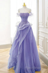 Purple Sweetheart Off Shoulder Tulle Long Party Dresses, Purple Tulle Formal Prom Dresses