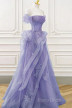 Purple Sweetheart Off Shoulder Tulle Long Party Dresses, Purple Tulle Formal Prom Dresses