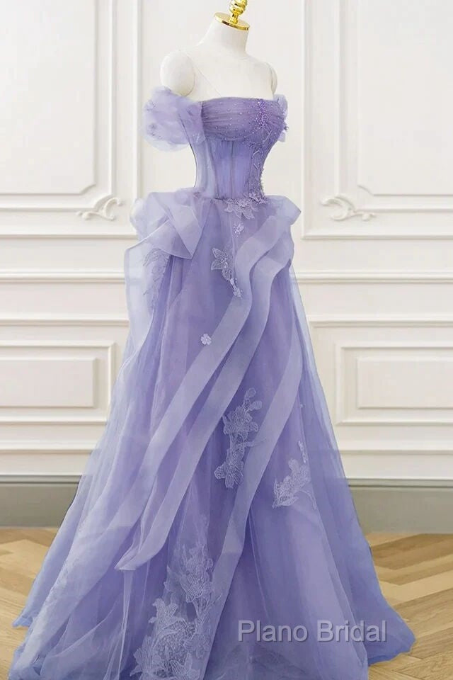 Purple Sweetheart Off Shoulder Tulle Long Party Dresses, Purple Tulle Formal Prom Dresses