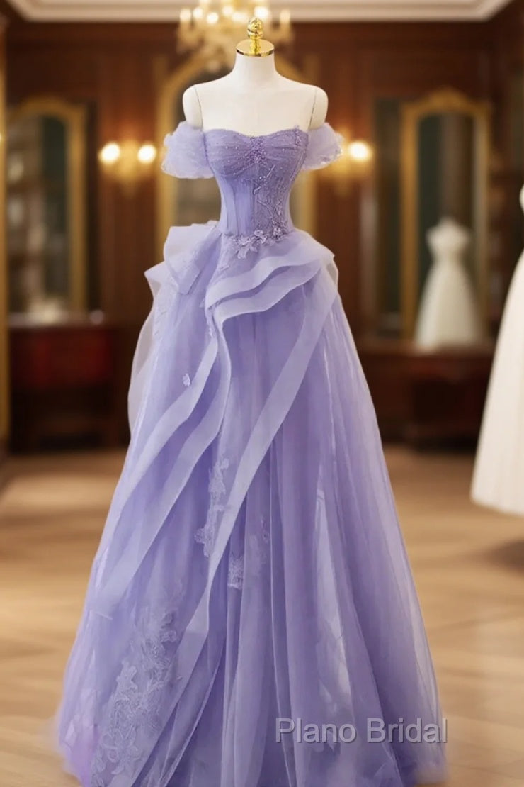 Purple Sweetheart Off Shoulder Tulle Long Party Dresses, Purple Tulle Formal Prom Dresses Main image