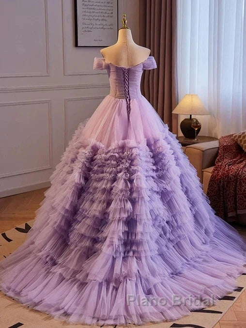 Purple Sweetheart Tulle Layers Sweet 16 Dresses Long Formal Prom Dresses A Line Off Shoulder Solid Color Secondary image