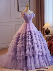 Purple Sweetheart Tulle Layers Sweet 16 Dresses Long Formal Prom Dresses A Line Off Shoulder Solid Color