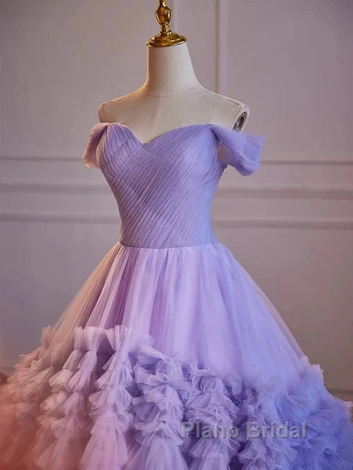 Purple Sweetheart Tulle Layers Sweet 16 Dresses Long Formal Prom Dresses A Line Off Shoulder Solid Color