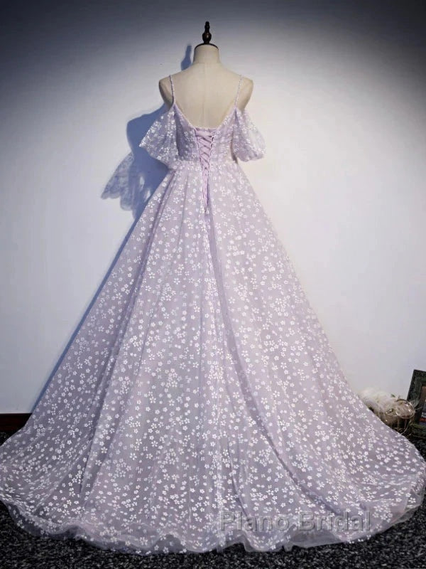 Purple Tulle A Line Long Formal Prom Dresses Formal Dresses With Flowers December Wedding Guest Dresses