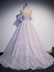 Purple Tulle A Line Long Formal Prom Dresses Formal Dresses With Flowers December Wedding Guest Dresses