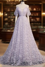 Purple Tulle A Line Long Formal Prom Dresses Formal Dresses With Flowers December Wedding Guest Dresses