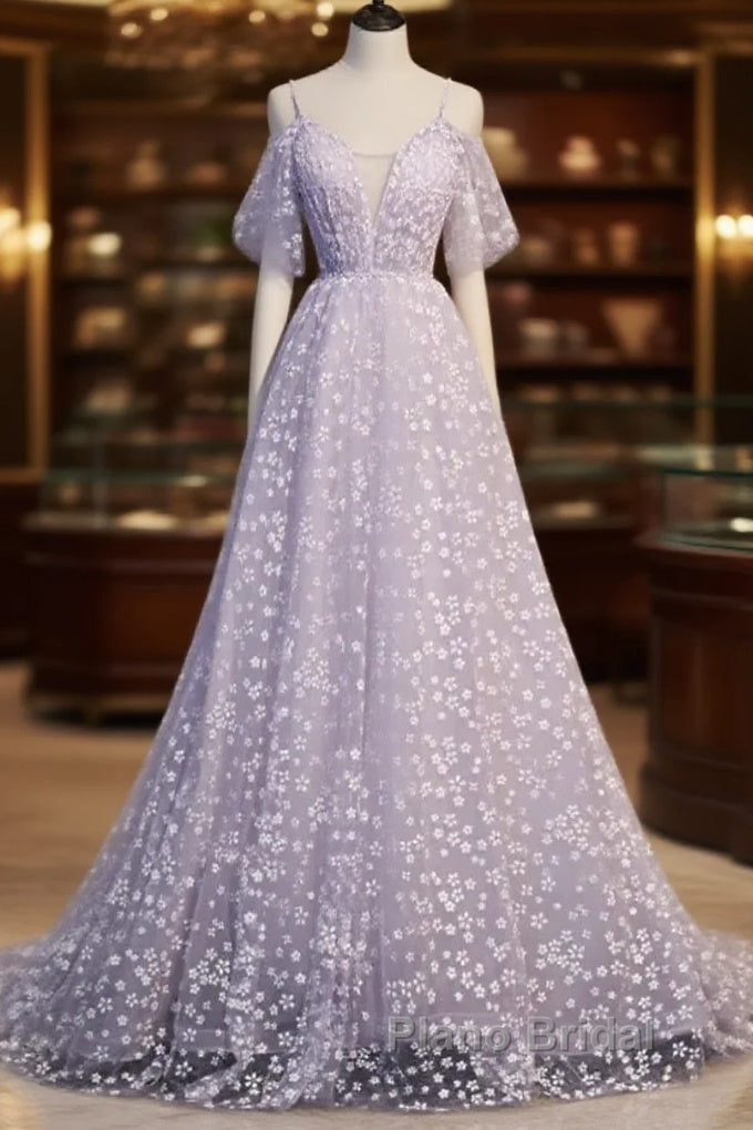 Purple Tulle A Line Long Formal Prom Dresses Formal Dresses With Flowers December Wedding Guest Dresses