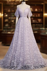 Purple Tulle A Line Long Formal Prom Dresses Formal Dresses With Flowers December Wedding Guest Dresses