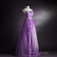 Purple Tulle A-Line Straps Long Formal Dresses, Purple Floor Length Formal Prom Dresses