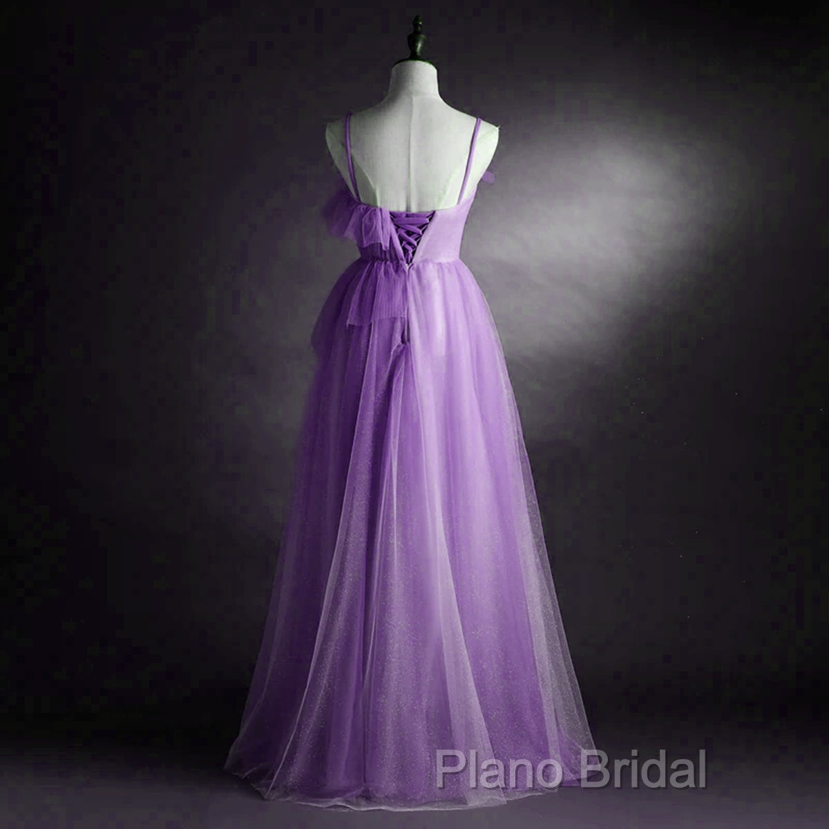 Purple Tulle A-Line Straps Long Formal Dresses, Purple Floor Length Formal Prom Dresses