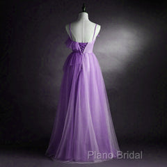 Purple Tulle A-Line Straps Long Formal Dresses, Purple Floor Length Formal Prom Dresses