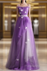 Purple Tulle A-Line Straps Long Formal Dresses, Purple Floor Length Formal Prom Dresses