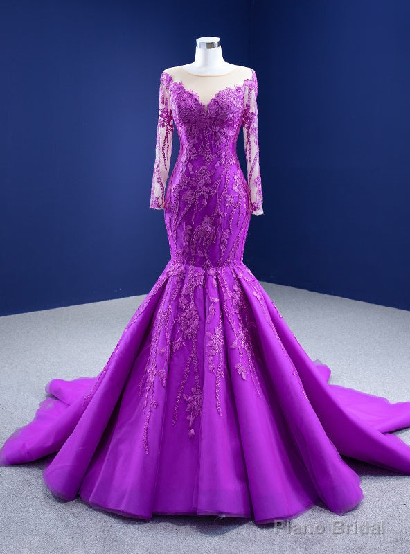 Purple Tulle Appliques Long Sleeve Prom Dress Main image