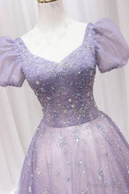 Purple Tulle Beaded Long Formal Dress, Cute A-Line Evening Dress