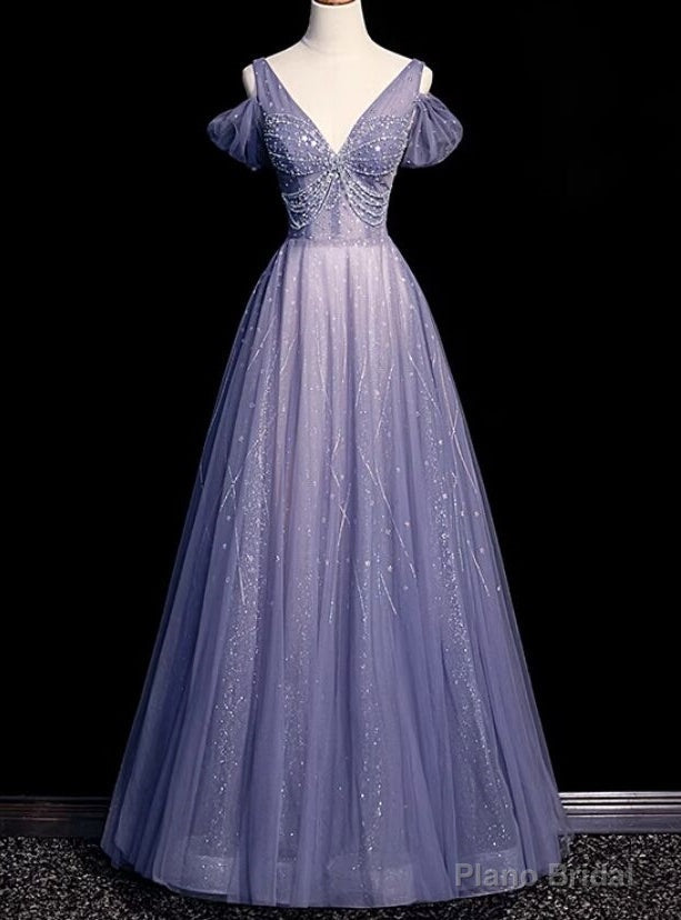 Purple Tulle Deep V-neck Beading Prom Dress