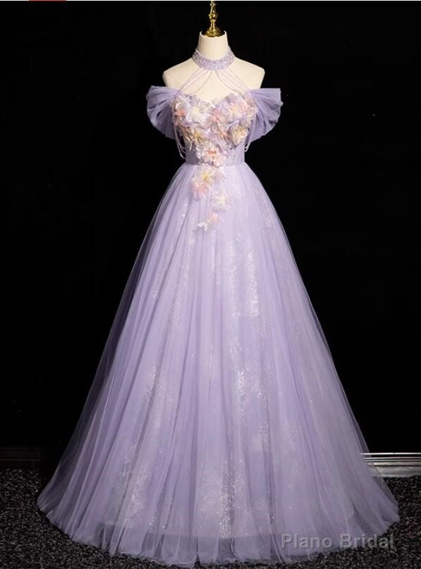 Purple Tulle Halter Beading Flower Prom Dress Main image