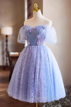 Purple Tulle Knee Length Formal Prom Dresses, Lovely Off The Shoulder Party Dresses