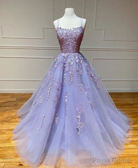 Purple Tulle Lace Long Prom Gown, Lace Tulle Purple Graduation Dresses