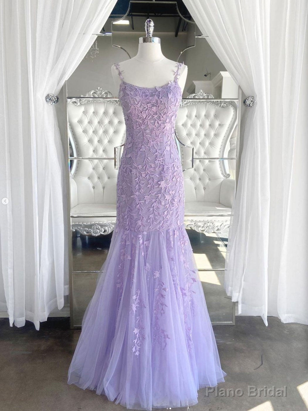 Purple tulle lace mermaid long prom dress, purple lace evening dress Main image